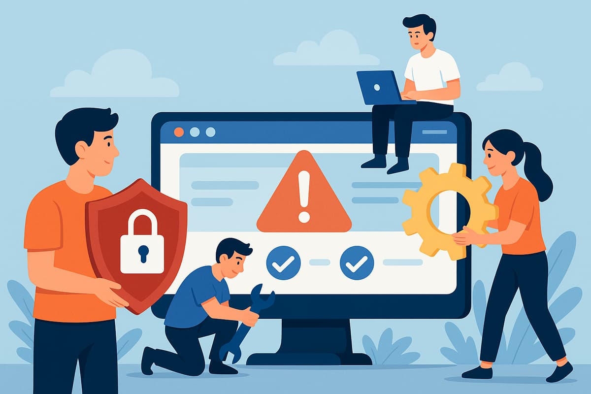 Ilustração estilizada mostrando equipe cuidando de um site com engrenagens, escudo de segurança e monitoramento digital, representando manutenção online.