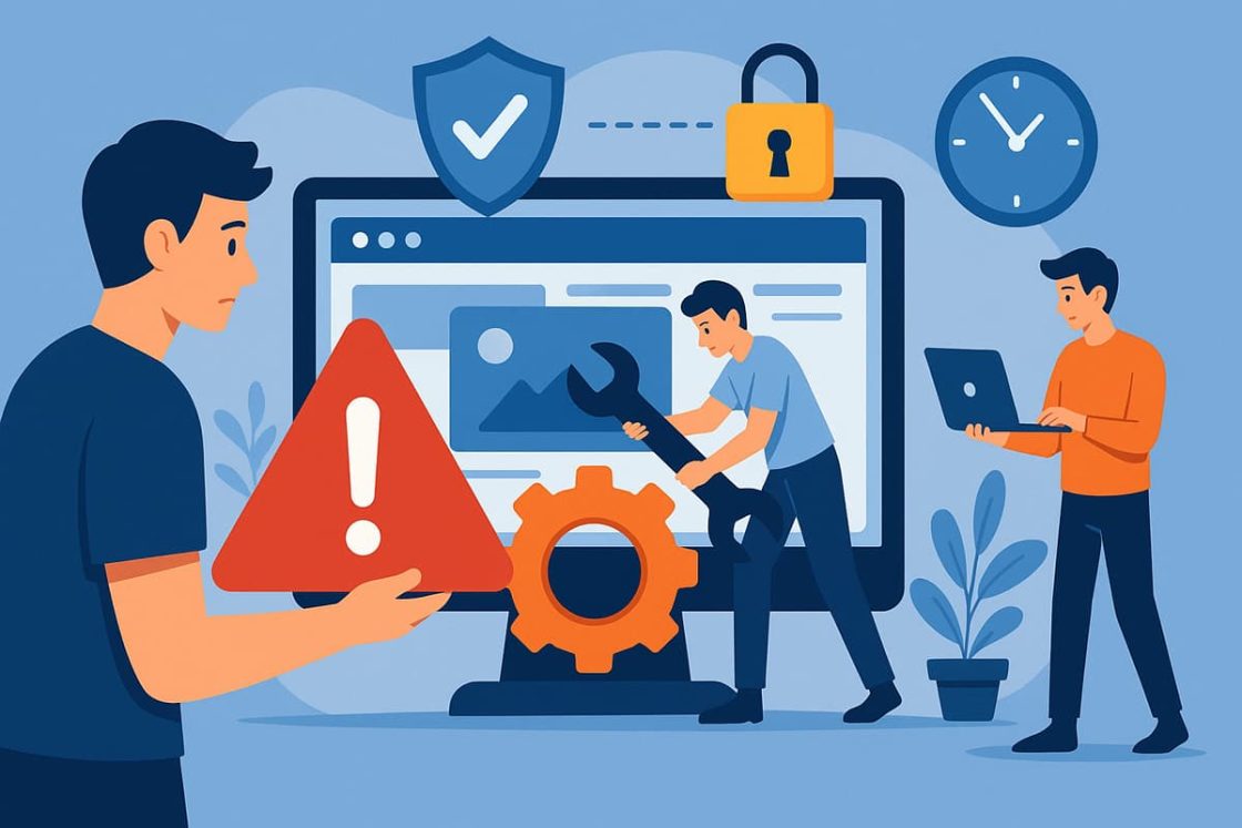 Ilustração estilizada mostrando profissionais realizando manutenção em um site, com ícones de segurança, engrenagem e aviso de erro.