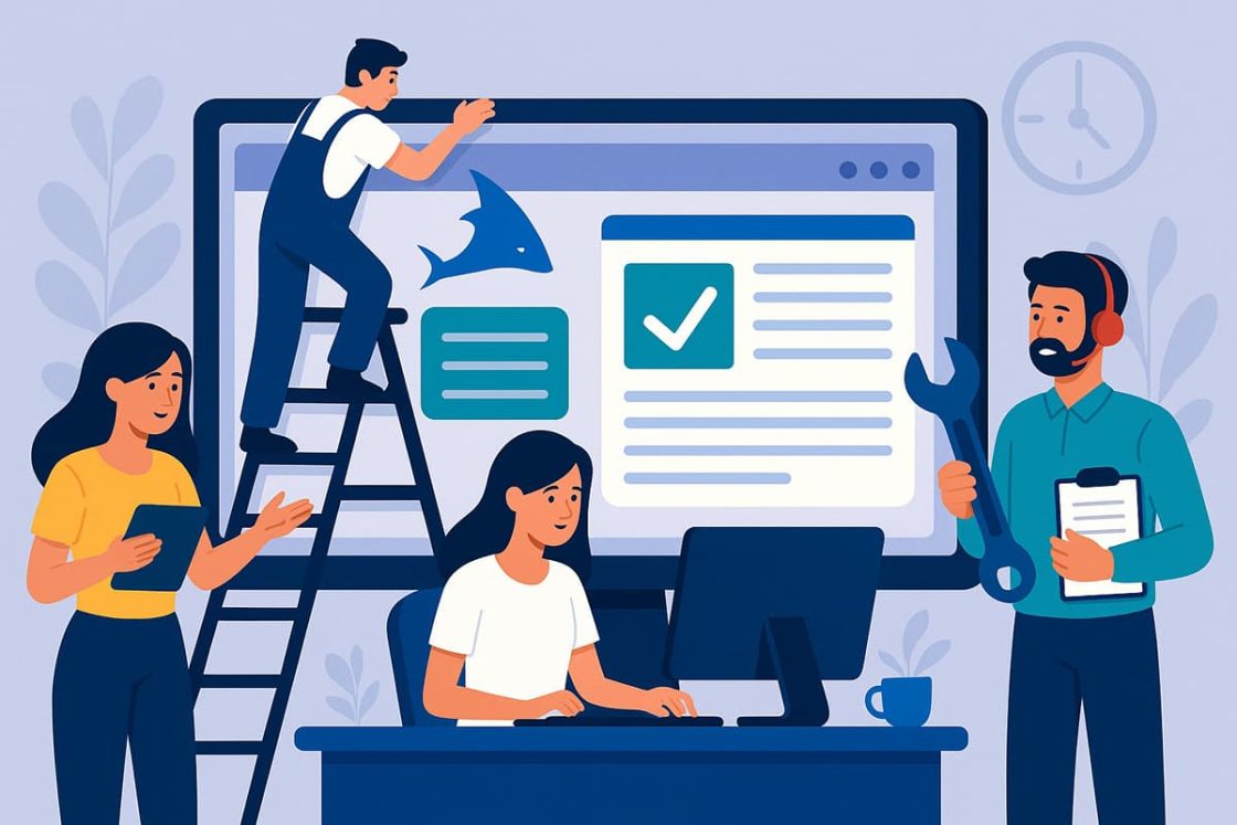 Equipe de profissionais em estilo cartoon cuidando da manutenção e otimização de um site em um grande monitor.