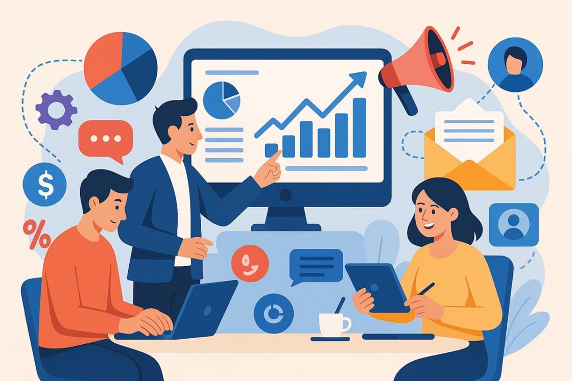 Ilustração em estilo cartoon mostrando três profissionais em um escritório moderno analisando gráficos e dados em telas digitais.