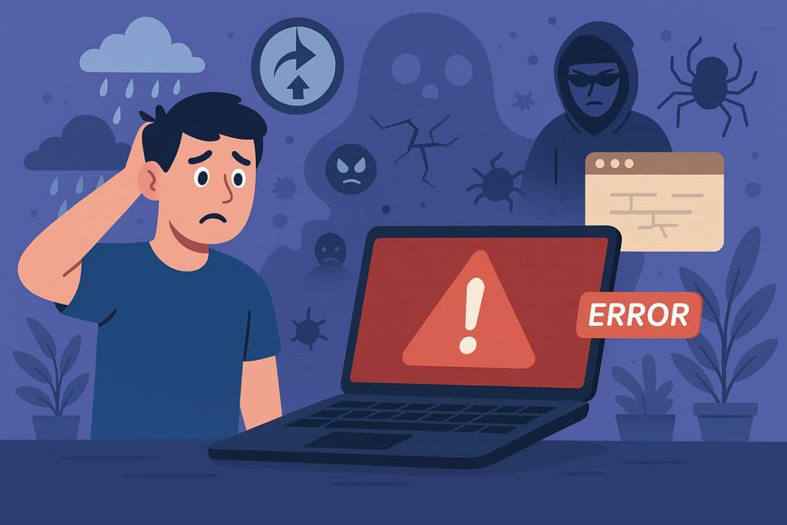 Ilustração em estilo cartoon mostrando um usuário preocupado diante de um laptop com erro, cercado por símbolos de vírus e invasores digitais.