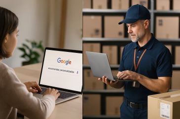 Tela dividida com uma pessoa pesquisando no Google por "encomendas personalizadas" e um lojista em seu centro de distribuição consultando pedidos.
