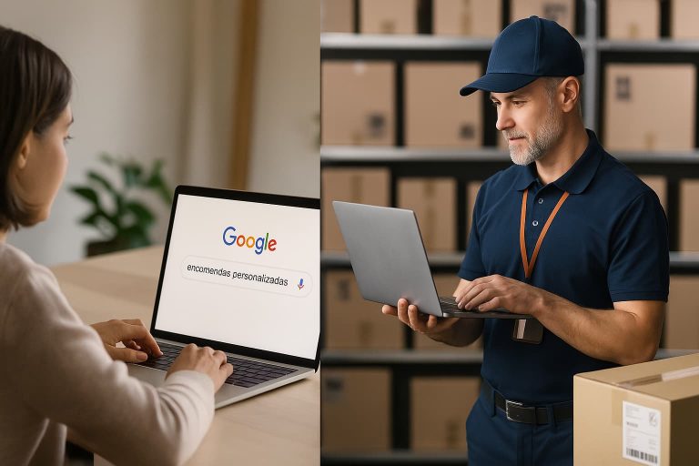 Tela dividida com uma pessoa pesquisando no Google por "encomendas personalizadas" e um lojista em seu centro de distribuição consultando pedidos.