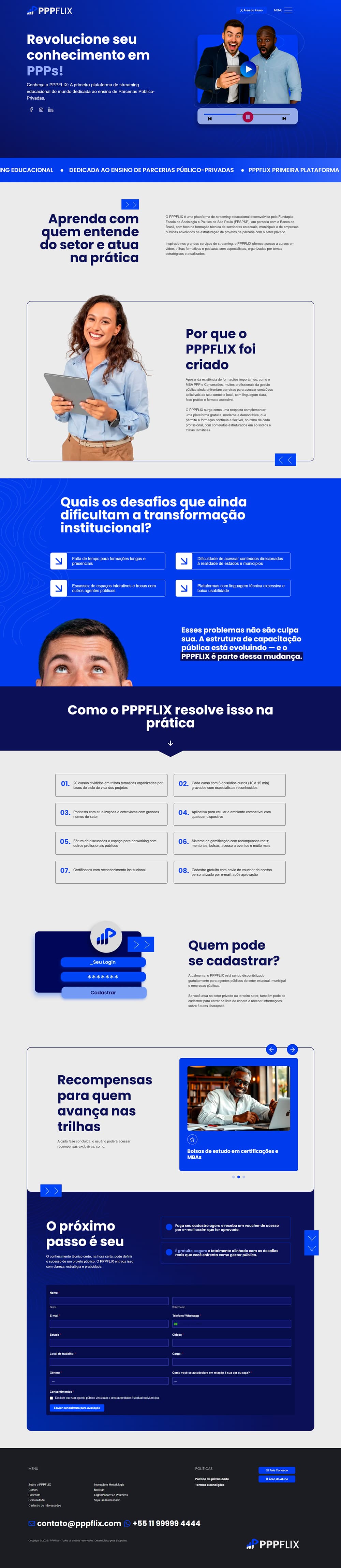 Captura de tela da página inicial do site PPPFLIX, exibindo todo o conteúdo da landing page, incluindo chamadas, seções explicativas, formulário e rodapé.