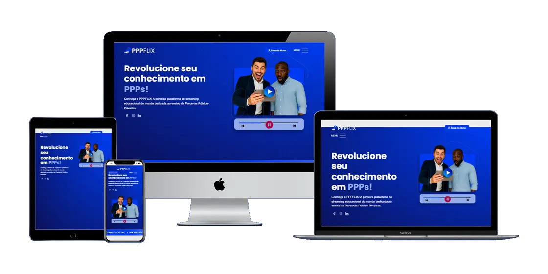 Visual do site da PPPFLIX exibido em diferentes dispositivos: smartphone, tablet, notebook e desktop, com destaque para o design responsivo e moderno.