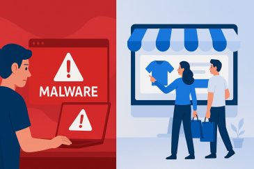 Ilustração dividida: à esquerda, homem encara alerta de malware em site invadido; à direita, pessoas compram tranquilamente em uma loja virtual.