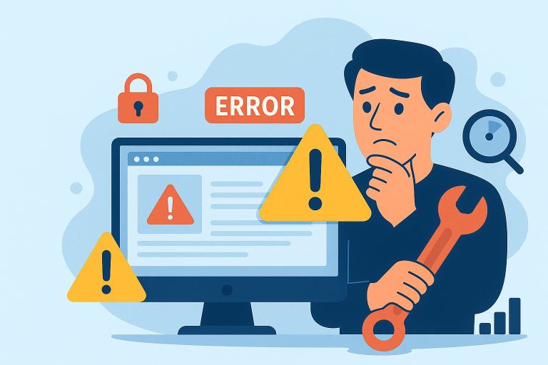 Ilustração vetorial de um homem segurando uma chave inglesa diante de um computador com alertas de erro, representando a importância da manutenção de sites.