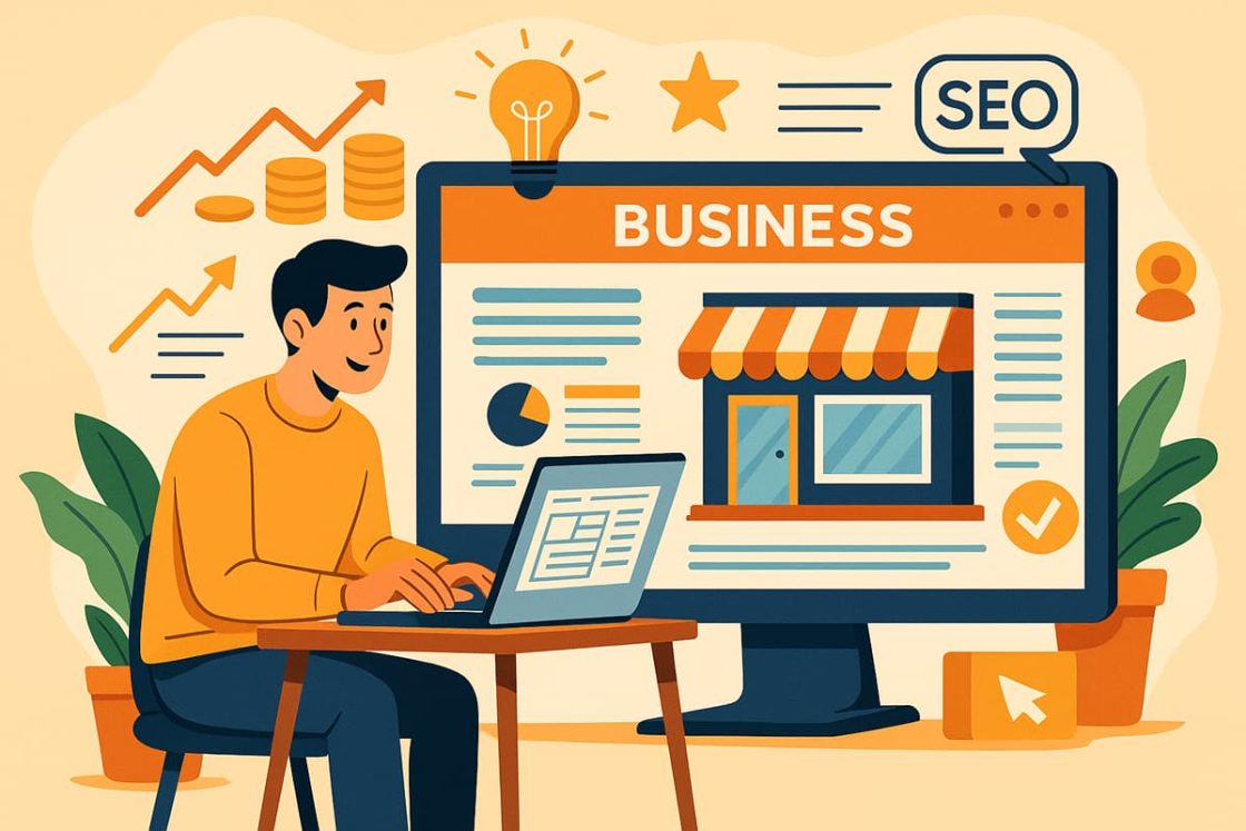 Ilustração estilizada de um empreendedor feliz trabalhando em seu laptop, com um monitor exibindo o site da empresa, gráficos de crescimento, ícones de SEO e elementos de sucesso digital.