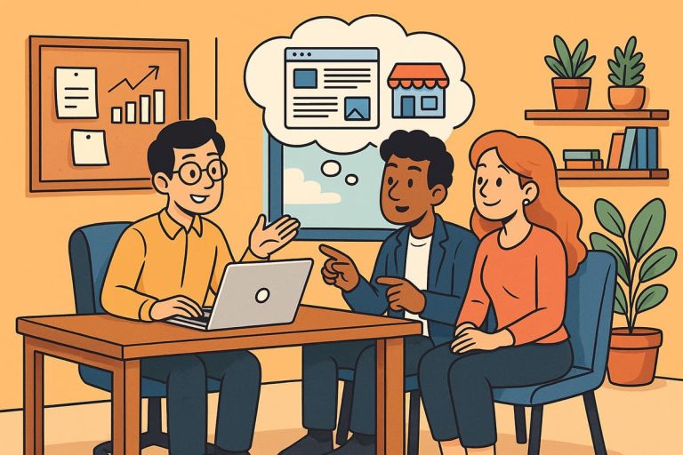 Ilustração em estilo cartoon mostrando dois empreendedores conversando com um designer sobre criação de sites, avaliando opções digitais em um ambiente de escritório.