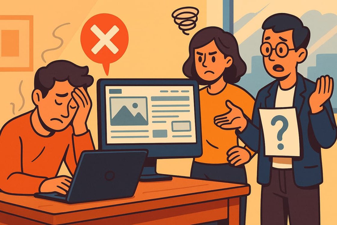 Ilustração em estilo cartoon mostrando pequenos empresários frustrados diante de um site malfeito, simbolizando erros na contratação de serviços de criação de sites.
