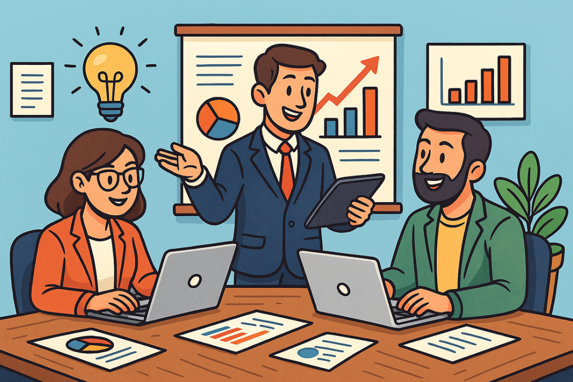 Ilustração em estilo cartoon mostrando três empreendedores em reunião estratégica com laptops, gráficos e ideias para pequenas empresas.