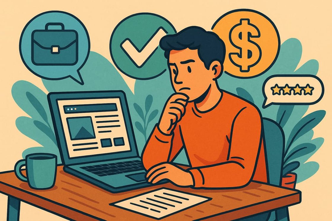 Ilustração em estilo cartoon mostrando um pequeno empresário analisando opções digitais de criação de sites no computador, cercado por ícones de portfólio, preço, avaliação e aprovação.