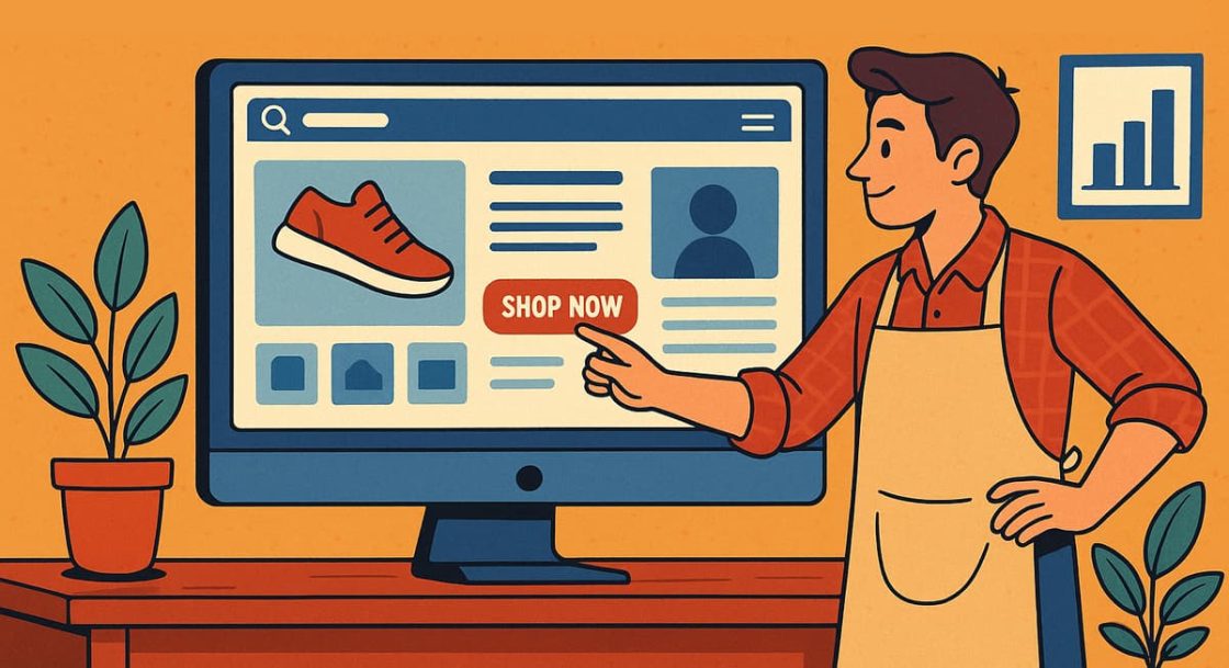 Ilustração em estilo cartoon mostrando um pequeno empresário com avental diante de um computador exibindo um site profissional, destacando a importância da presença digital.