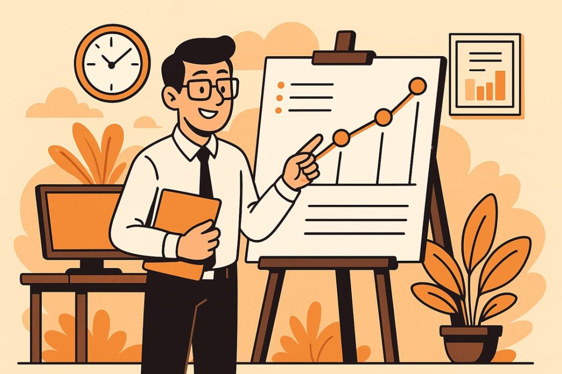 Ilustração cartoon de um profissional apresentando um gráfico de crescimento em um painel, simbolizando organização e planejamento estruturado.