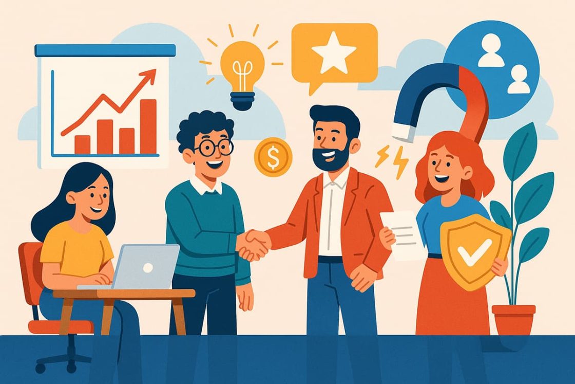Ilustração em estilo cartoon mostrando empresários felizes recebendo apoio de uma equipe digital, representando os benefícios de contratar uma agência especializada.