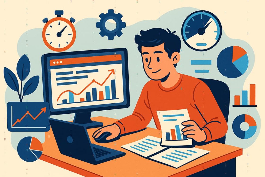 Ilustração cartoon de profissional analisando gráficos digitais em computador e documentos, simbolizando estratégias de otimização de sites.