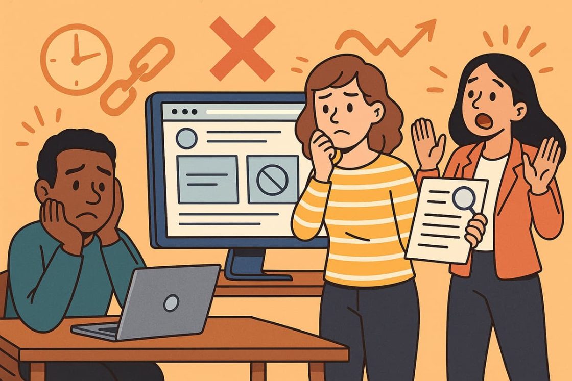 Ilustração em estilo cartoon mostrando profissionais frustrados diante de um site com falhas, representando erros comuns na criação de sites.