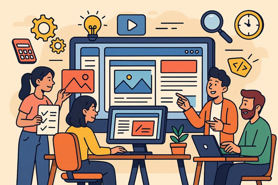 Equipe trabalhando em várias etapas do processo de criação de site personalizado em estilo cartoon.
