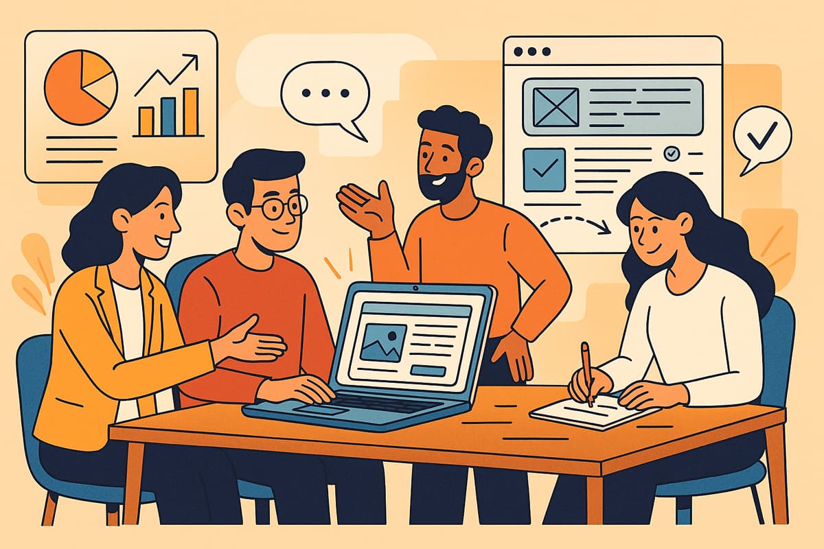 Equipe de agência digital em estilo cartoon discutindo layouts e estratégias de design para criação de site personalizado.