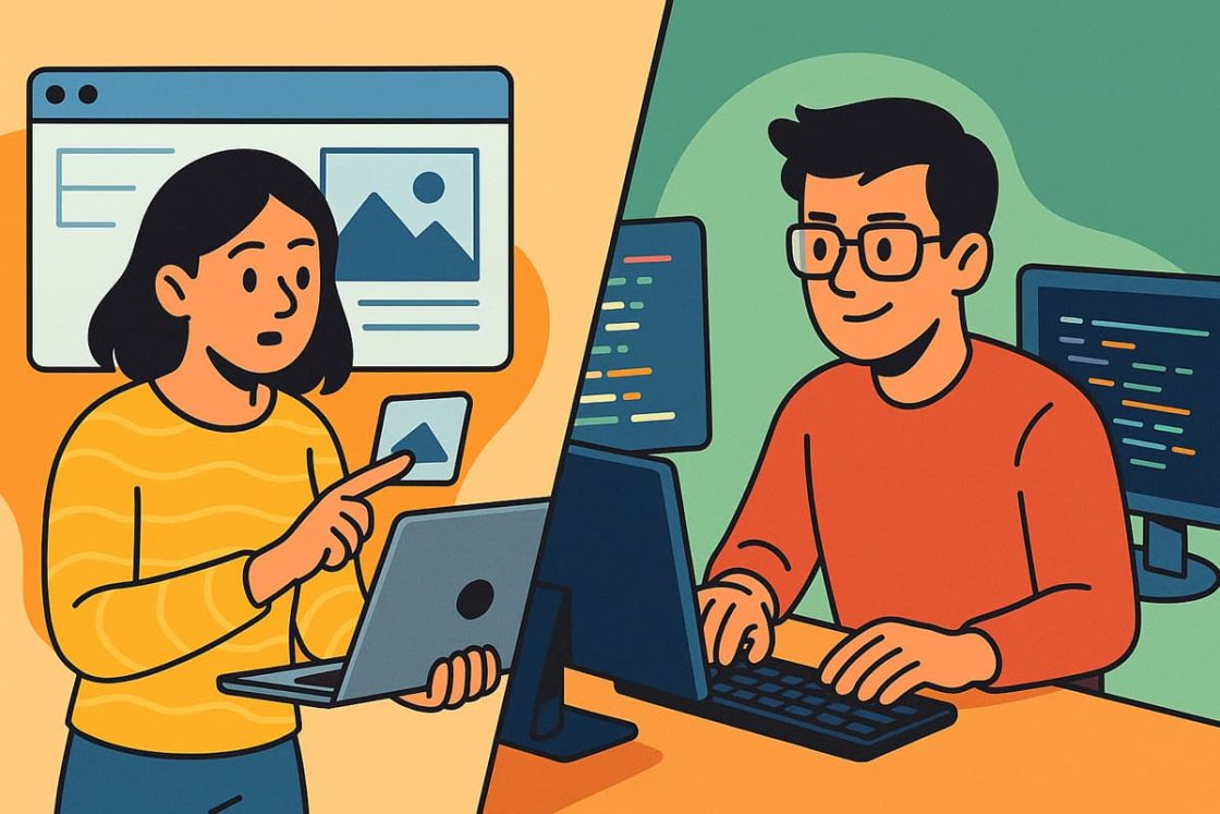 Ilustração em estilo cartoon mostrando, de um lado, uma mulher criando um site em construtor visual e, do outro, um desenvolvedor programando em computador.