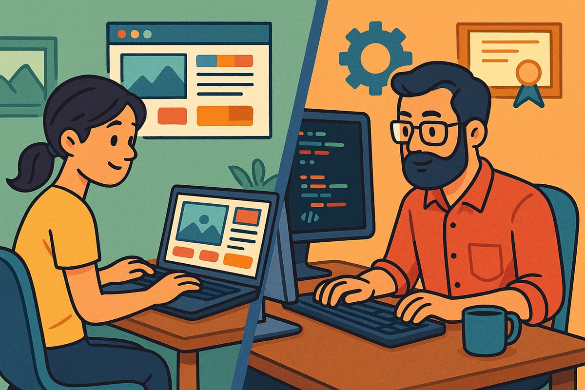 Ilustração em estilo cartoon mostrando a comparação entre uma pessoa criando um site sozinha em um construtor e um desenvolvedor web programando em equipe.