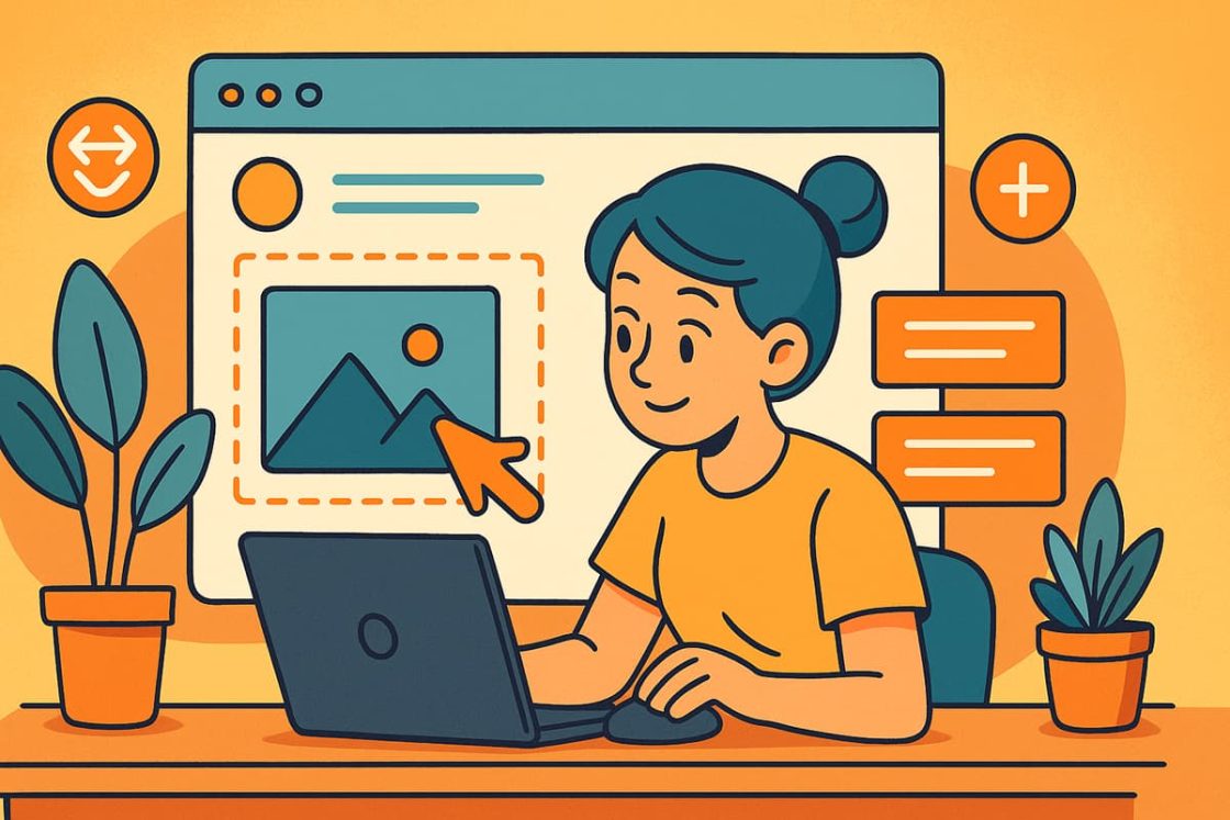 Ilustração em estilo cartoon mostrando um empreendedor montando um site em seu laptop com blocos visuais de design.