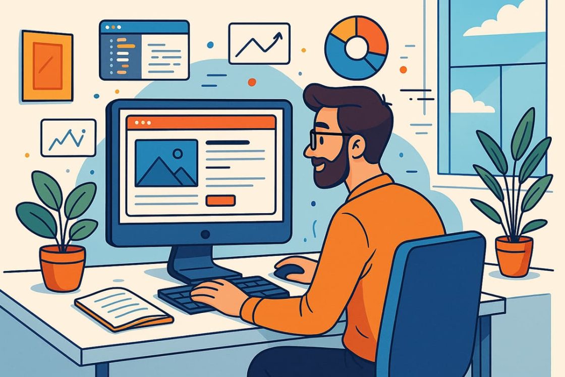 Ilustração estilizada de um desenvolvedor web trabalhando em frente ao computador, com gráficos e layouts digitais ao redor.