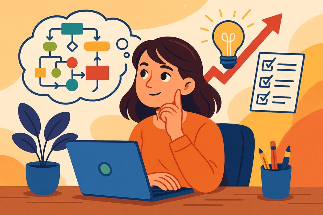 Ilustração cartoon de uma mulher usando laptop, refletindo sobre gráficos, ideias e checklist, representando decisões estratégicas.