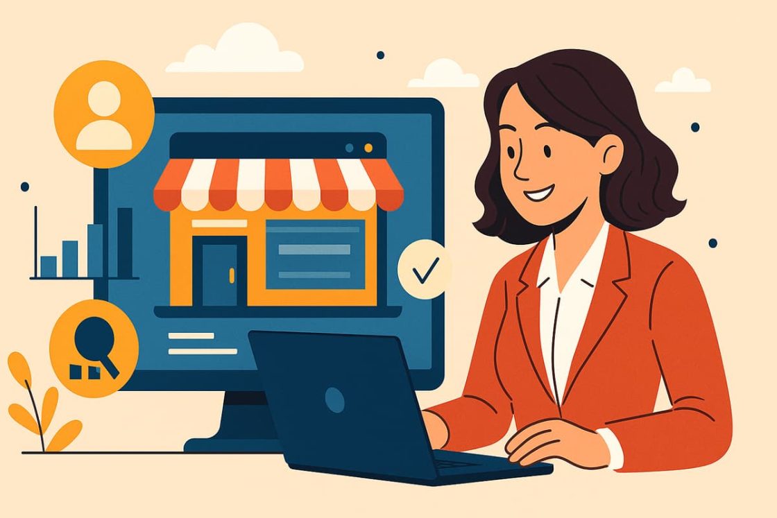 Ilustração em estilo cartoon mostrando uma empresária sorridente usando laptop, enquanto no monitor aparece uma loja virtual como vitrine digital.