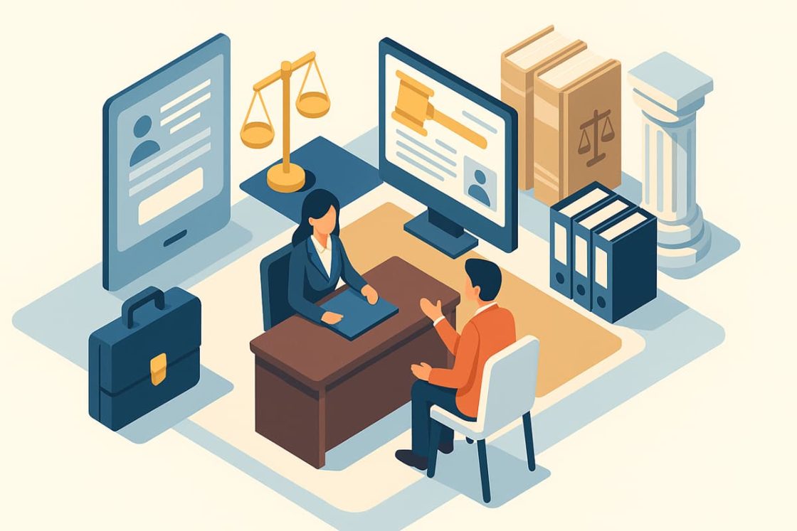 Ilustração isométrica de um advogado e cliente em reunião, com balança da justiça, livros jurídicos e computador exibindo ícones legais.