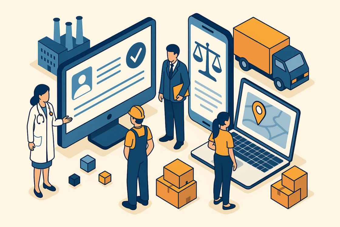 Ilustração isométrica moderna mostrando profissionais de saúde, advocacia, indústria e logística interagindo com telas digitais e ferramentas online.
