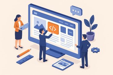 Profissionais desenvolvendo um site institucional em estilo isométrico, com elementos digitais como tela, ícones, gráficos e dispositivos móveis.