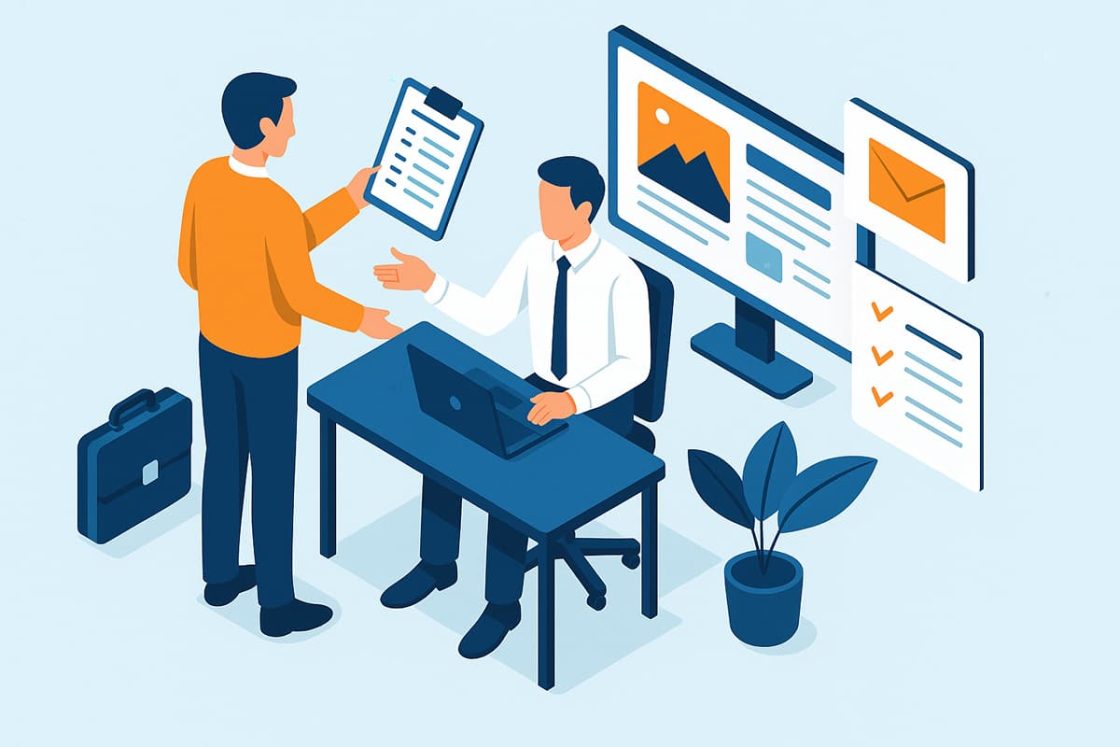 Ilustração isométrica de reunião entre empresário e agência digital, analisando propostas e estratégias para criação de site.