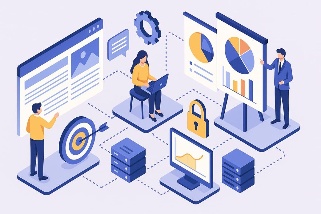 Ilustração isométrica mostrando pessoas analisando gráficos, dados e ferramentas digitais, representando estratégias avançadas para sites institucionais.