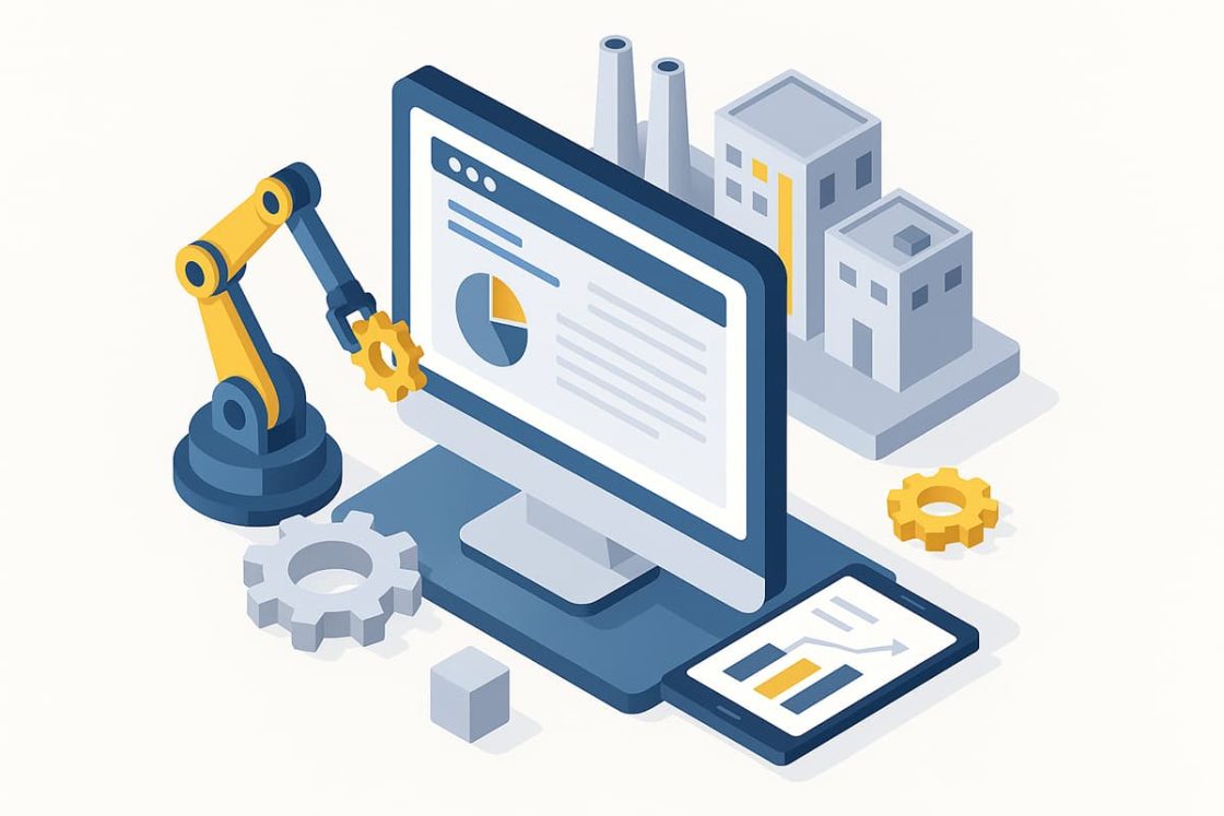 Ilustração isométrica mostrando indústria conectada a um site institucional, com computador, tablet, engrenagens e braço robótico simbolizando inovação digital.