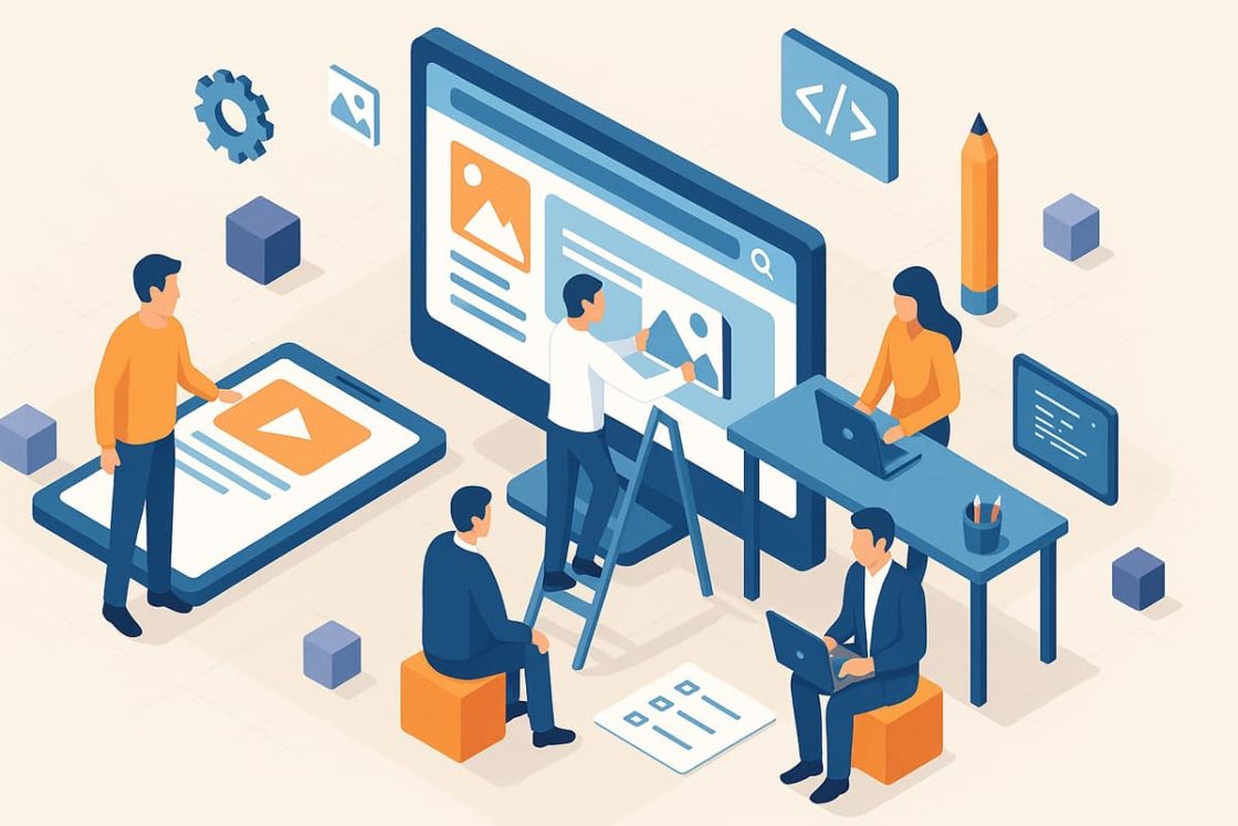 Ilustração isométrica moderna mostrando profissionais desenvolvendo um site, com elementos de design, programação e testes em dispositivos durante o serviço web de criação de sites institucionais.