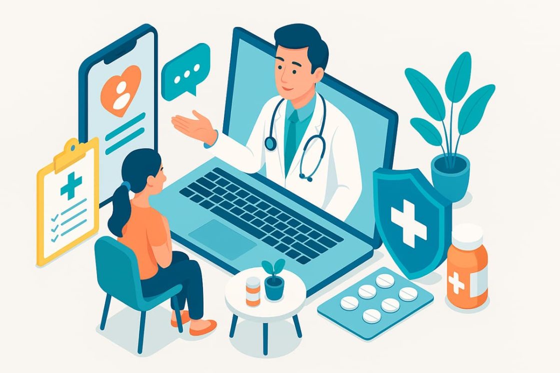 Ilustração isométrica mostrando paciente em consulta digital com médico, representando confiança e atendimento humanizado na saúde online.