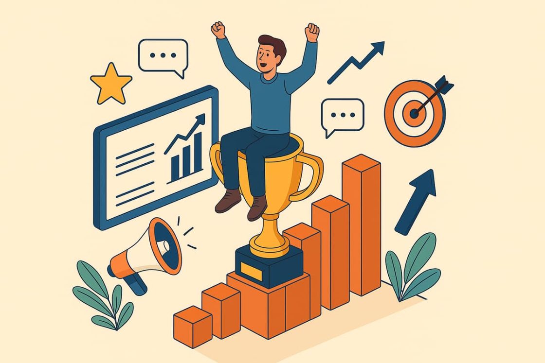 Ilustração isométrica moderna representando conquistas e crescimento digital como resultado de criar site de notícias.