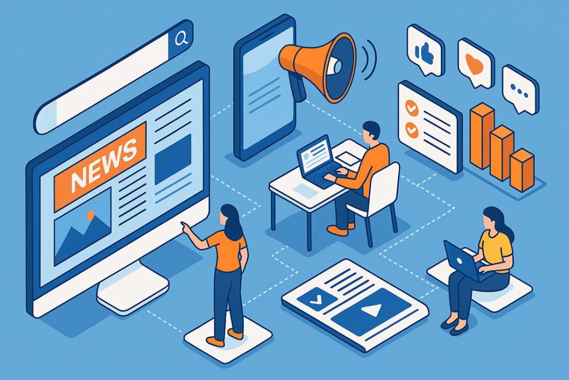Ilustração isométrica moderna mostrando o processo de Criar Site de Notícias com equipe digital, computadores e integração online.