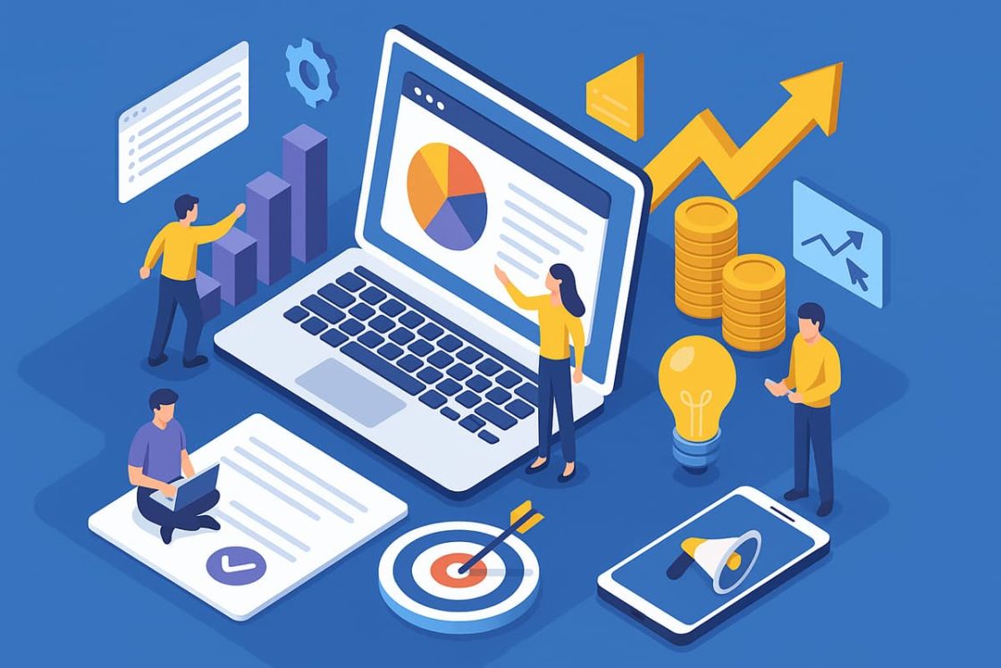 Ilustração isométrica moderna mostrando pessoas analisando gráficos digitais, representando estratégias avançadas para criar site de notícias.