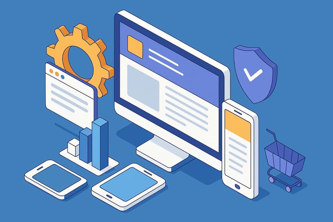 Ilustração isométrica moderna mostrando dispositivos digitais, ícones de segurança, estatísticas e layout responsivo para criar site de notícias.