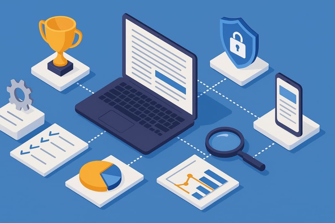 Ilustração isométrica mostrando laptop, gráficos, engrenagens e dispositivos conectados, representando ferramentas e recursos digitais para Criar Site de Notícias.