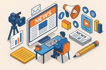 Ilustração isométrica moderna mostrando a criação de um site de notícias com computador, redes sociais e jornal digital.