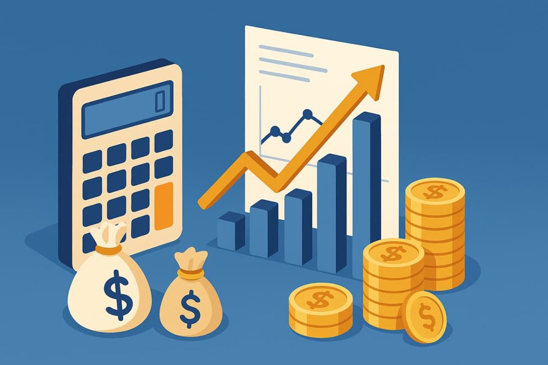 Ilustração isométrica mostrando gráficos de crescimento, moedas e calculadora representando custos e retorno de investimentos.