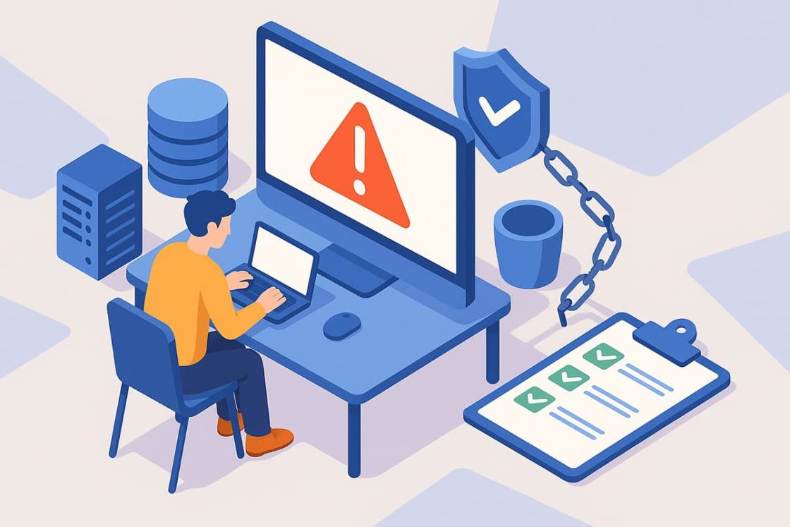 Ilustração isométrica de um profissional diante de um computador com alerta de erro, representando falhas comuns em sites e sua prevenção.