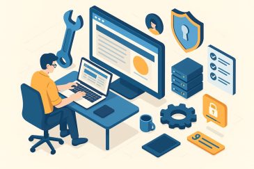 Profissional de TI trabalhando em manutenção de site em um ambiente digital com ícones de segurança, engrenagem e servidores.