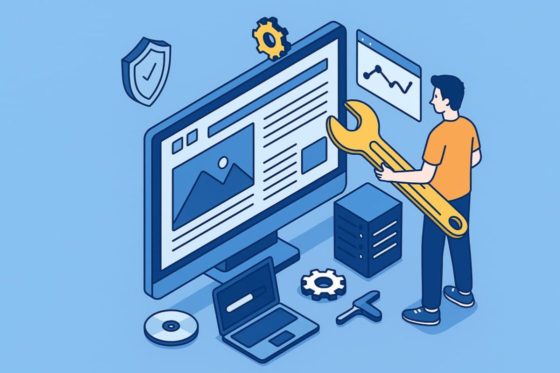 Ilustração isométrica moderna mostrando um profissional ajustando um site em um monitor com engrenagens, ferramentas e ícones de segurança.