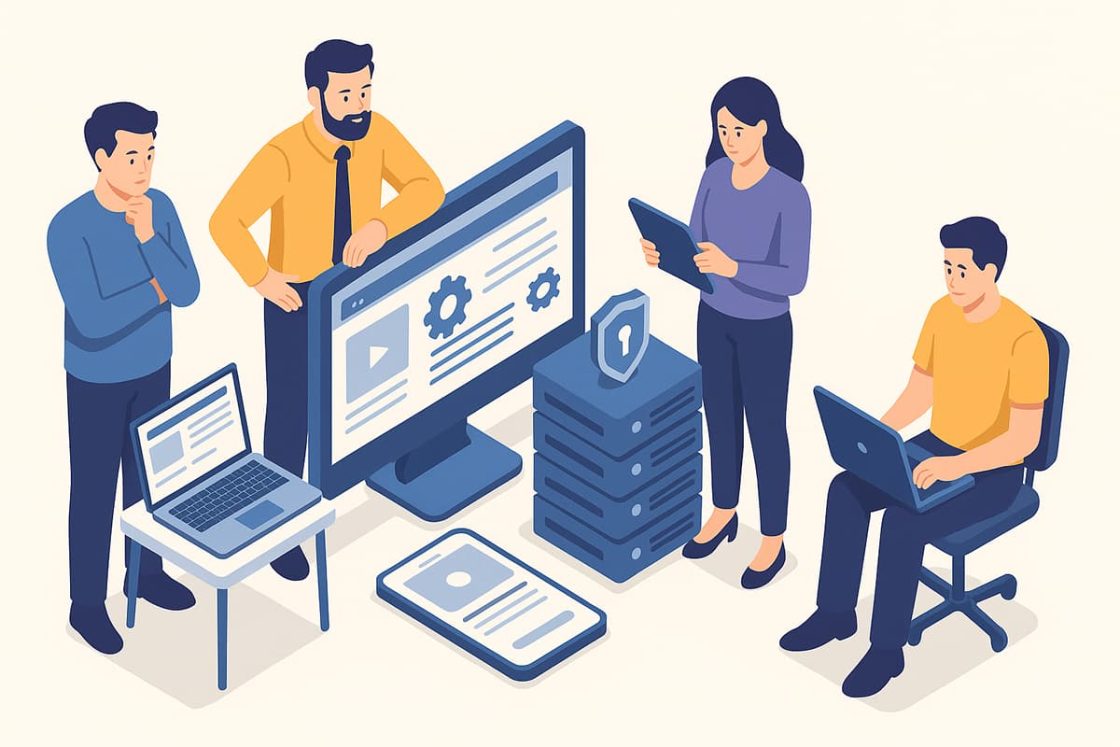Ilustração isométrica moderna mostrando empresário, técnico de TI, agência e freelancer conectados a um site em manutenção.
