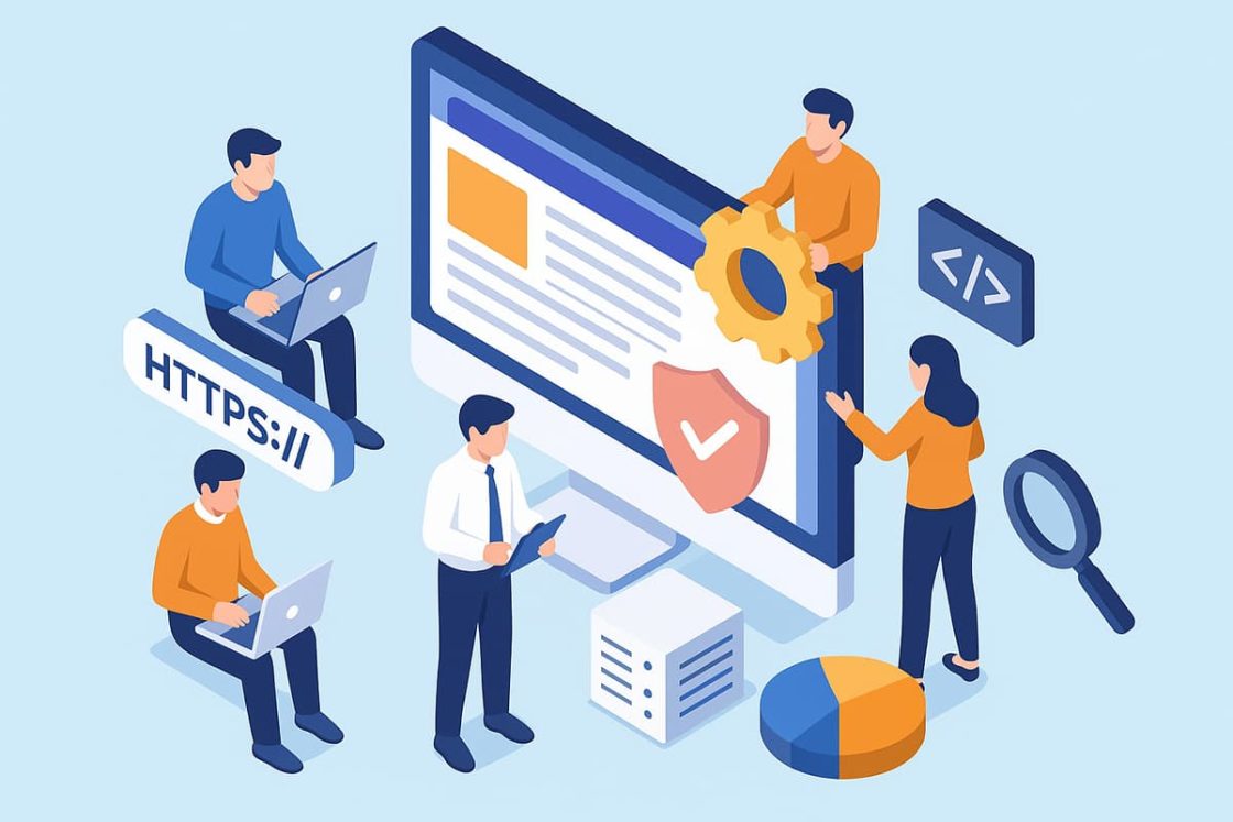 Ilustração isométrica mostrando equipe de profissionais realizando tarefas de manutenção de site, como segurança, SEO e otimização.