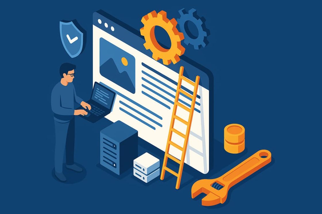 Ilustração isométrica de um profissional cuidando da manutenção de um site, com engrenagens, servidor, escudo de segurança e ferramentas digitais.